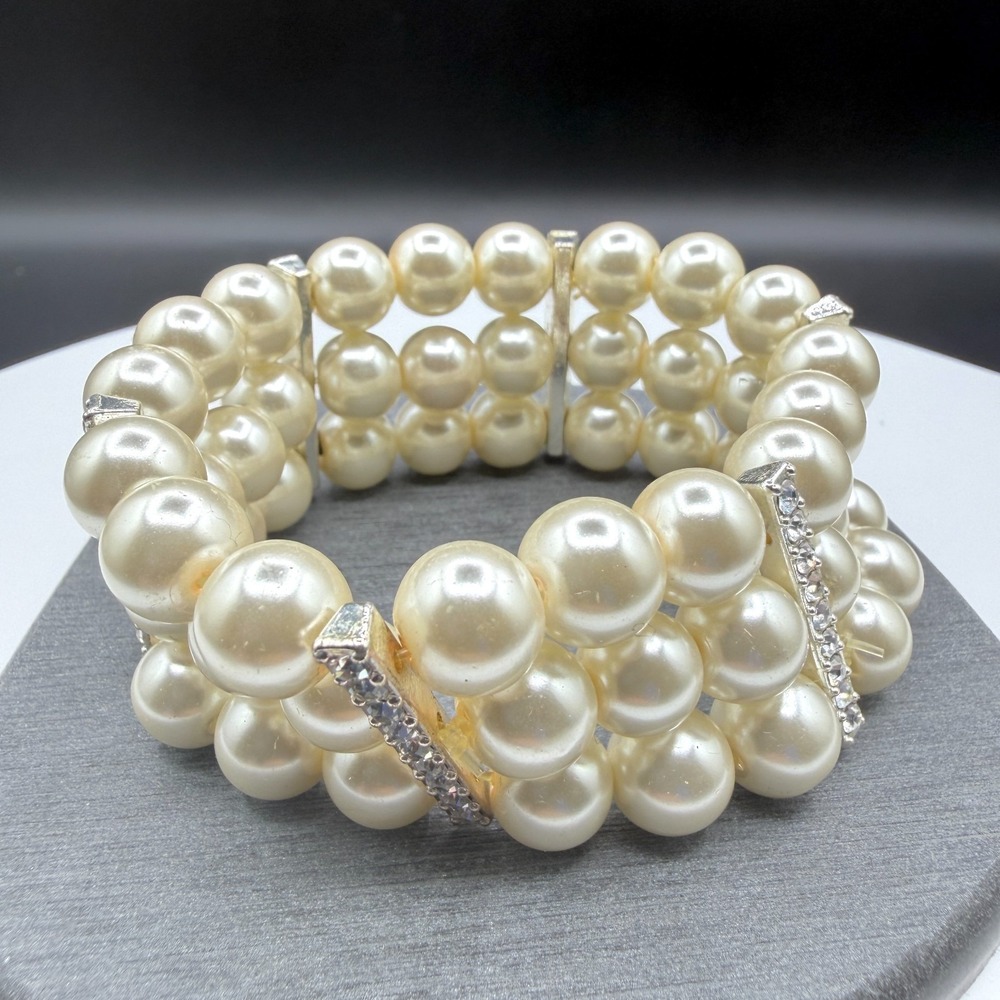 Cream Faux Pearl Triple Strand Rhinestone Spacer Stretch Bracelet Statement